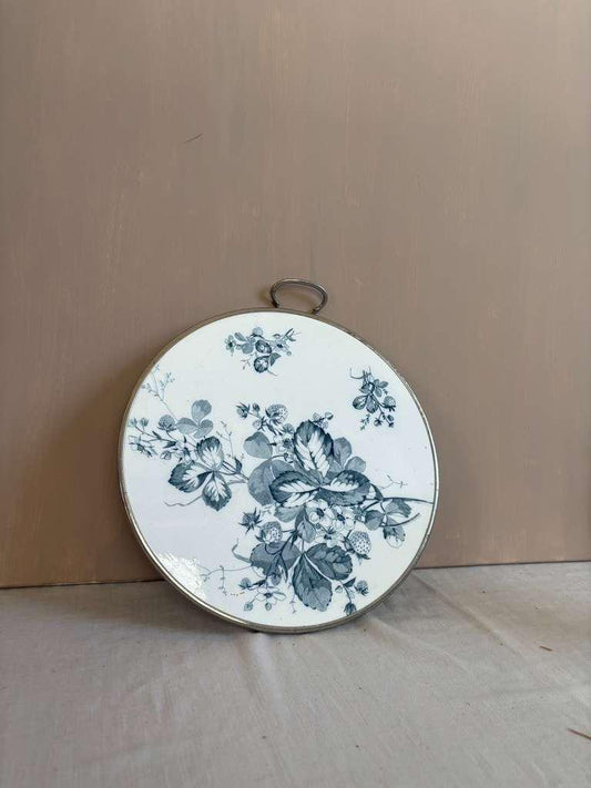 Vintage Round Deep Blue Botanical Strawberry Trivet Tray - Collector & Curator