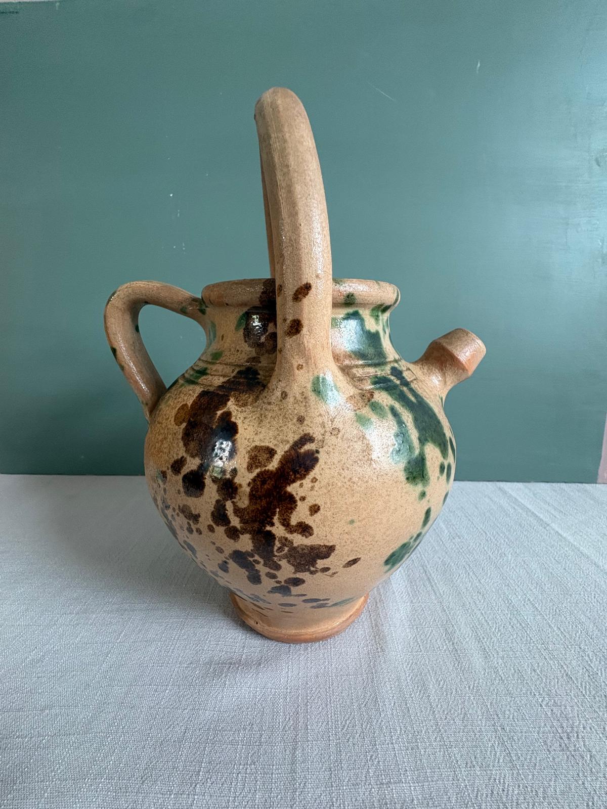 Antique French Provençal Gargoulette Water Jug Green Brown Splatter Glaze Terracotta Pottery - Collector & Curator