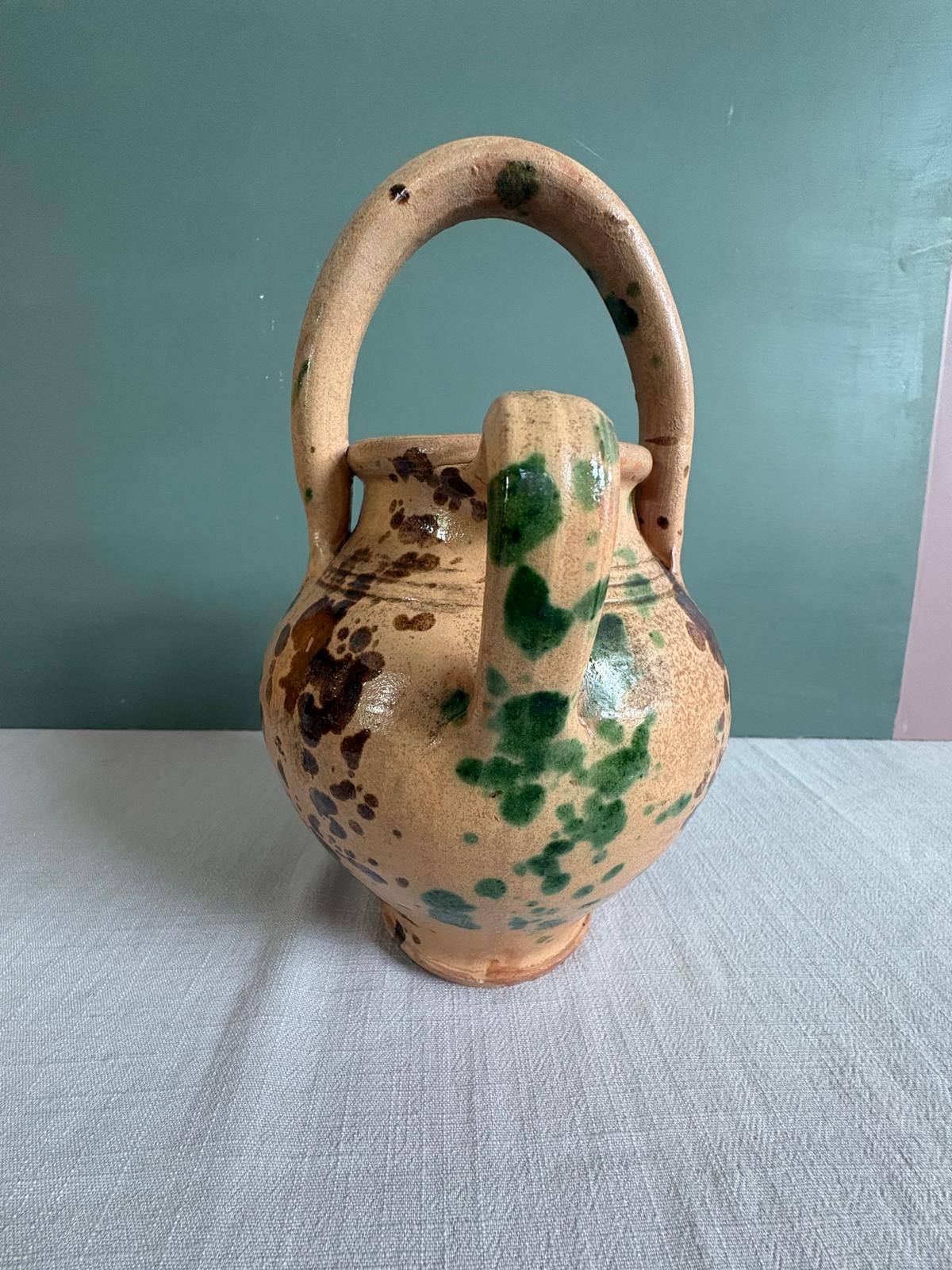 Antique French Provençal Gargoulette Water Jug Green Brown Splatter Glaze Terracotta Pottery - Collector & Curator