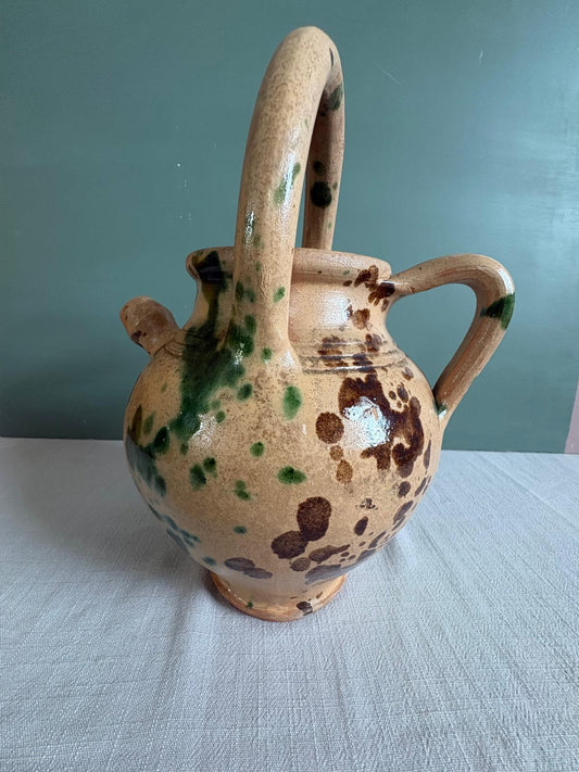 Antique French Provençal Gargoulette Water Jug Green Brown Splatter Glaze Terracotta Pottery - Collector & Curator
