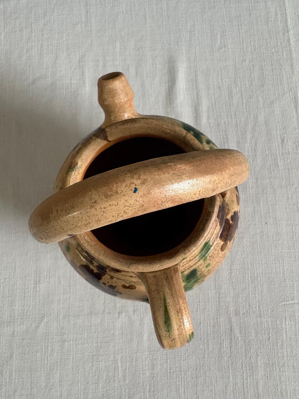 Antique French Provençal Gargoulette Water Jug Green Brown Splatter Glaze Terracotta Pottery - Collector & Curator