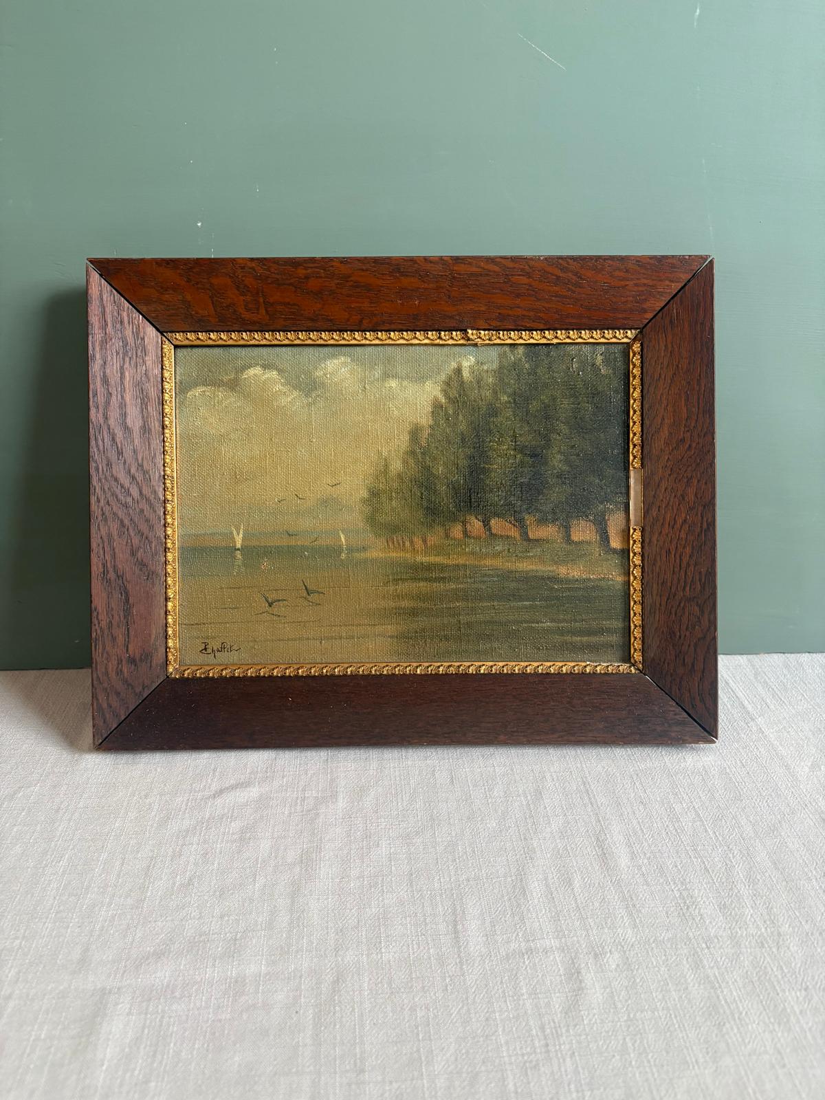 Vintage Signed Lake Landscape Oil  on Canvas in Oak Frame by B Chaffet - Collector & Curator