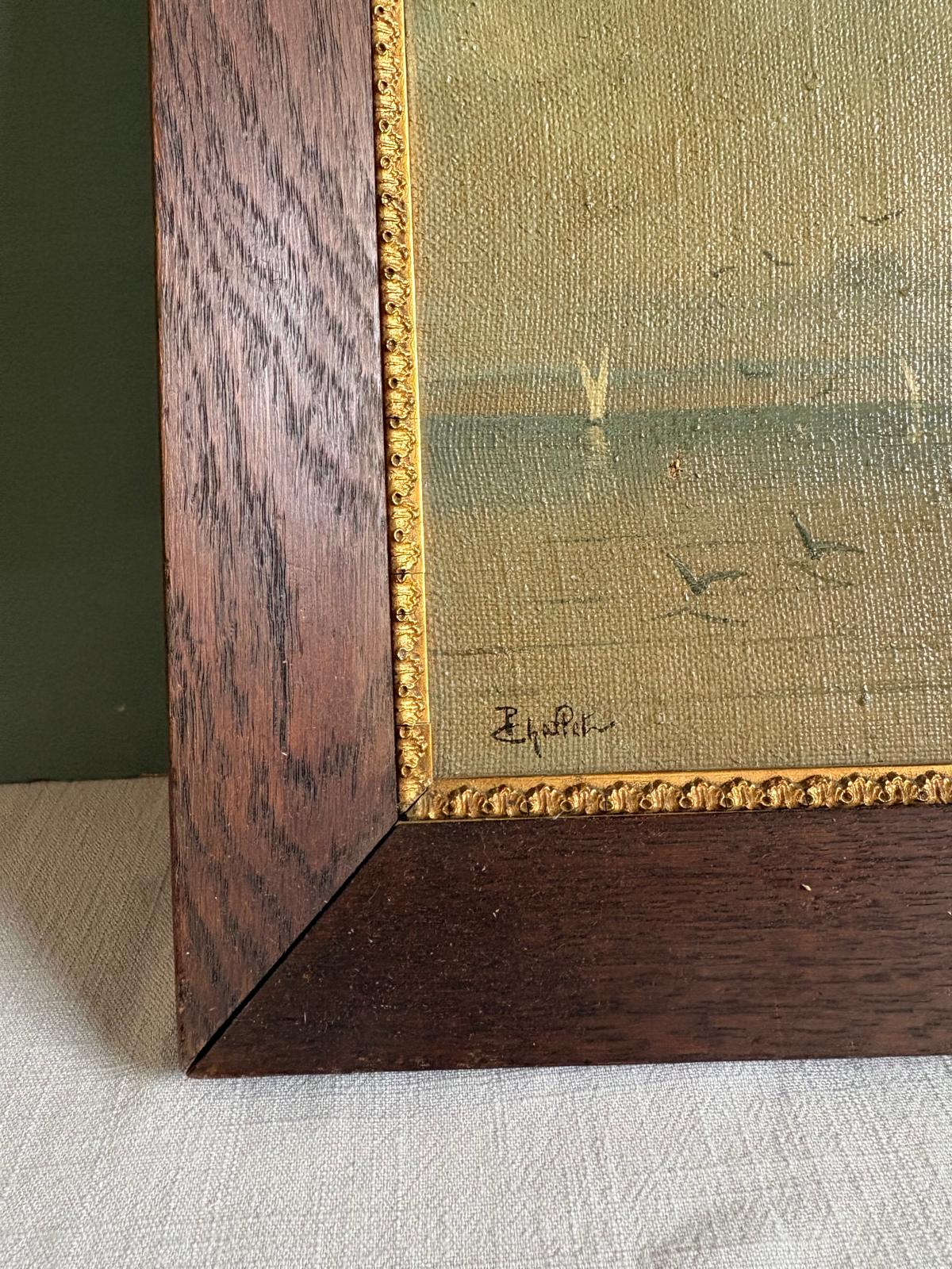 Vintage Signed Lake Landscape Oil  on Canvas in Oak Frame by B Chaffet - Collector & Curator