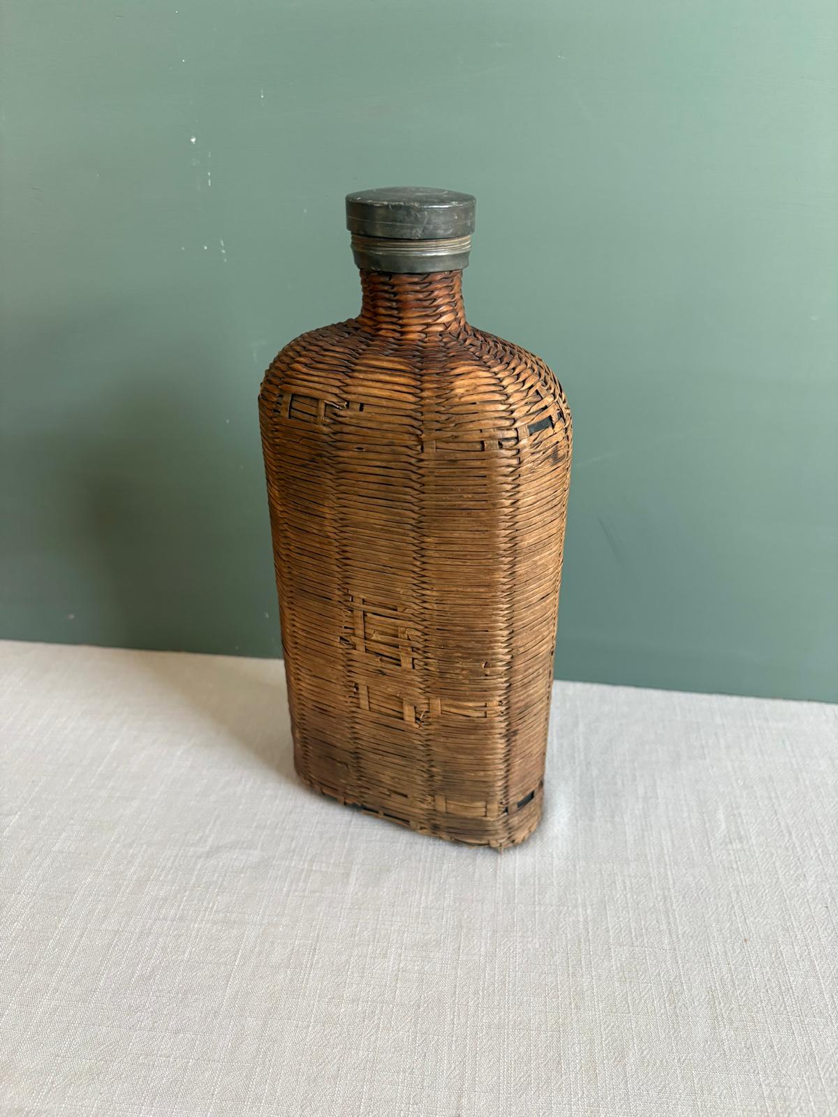 Antique French Wicker Wrapped Glass Flask With Metal Cap - Collector & Curator