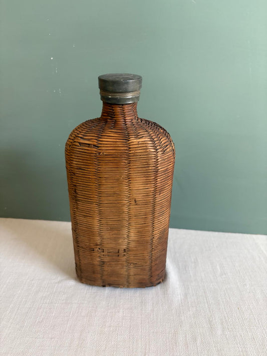 Antique French Wicker Wrapped Glass Flask With Metal Cap - Collector & Curator