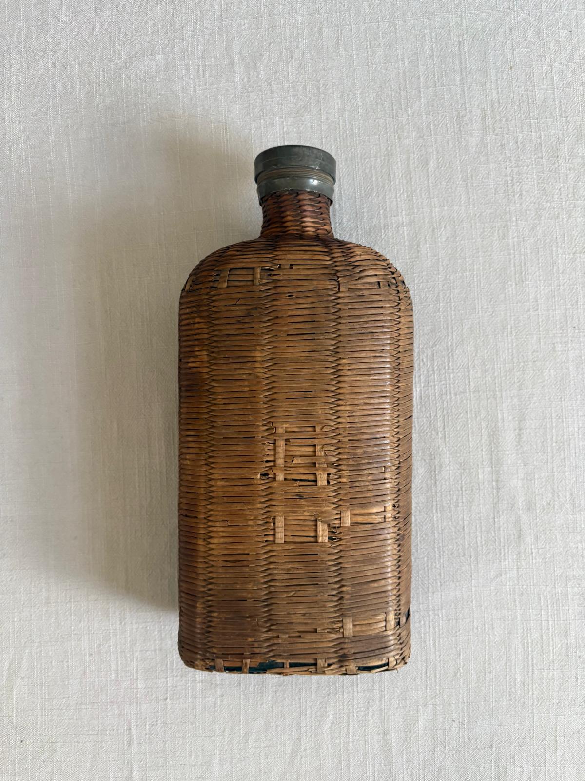Antique French Wicker Wrapped Glass Flask With Metal Cap - Collector & Curator