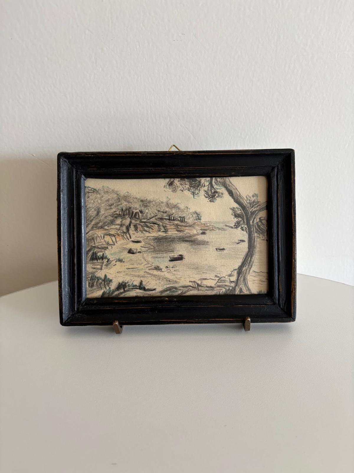 Vintage 1948 French Riviera Coastal Landscape Drawing Théoule Sur Mer - Collector & Curator