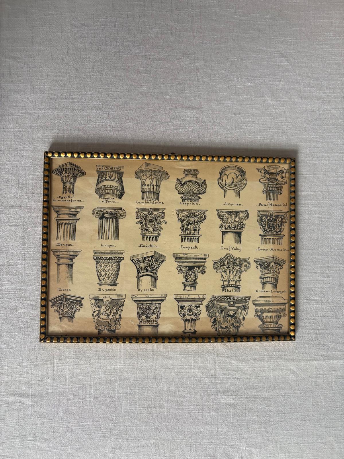 Vintage French Architectural Capital  Print Framed Classical Column Study - Collector & Curator