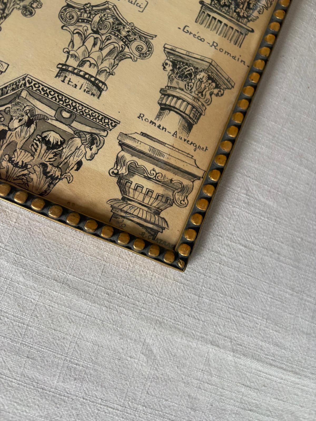 Vintage French Architectural Capital  Print Framed Classical Column Study - Collector & Curator