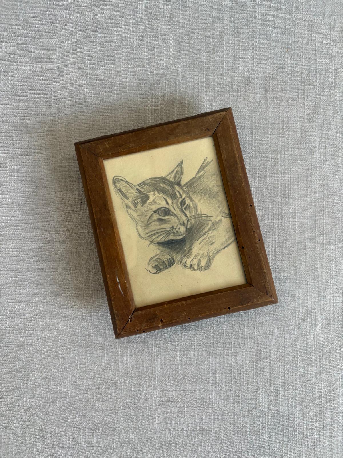 Vintage Framed Cat Drawing from the Studio of Thomas Frey - Collector & Curator