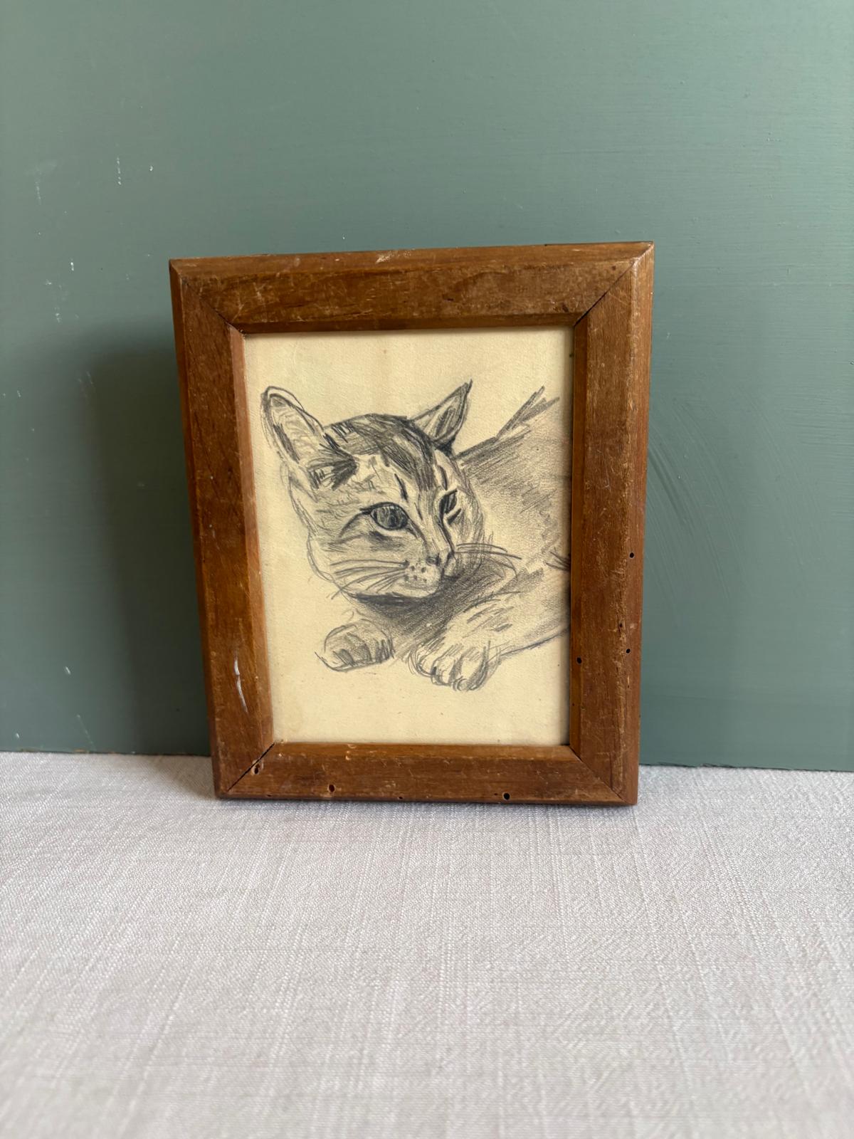 Vintage Framed Cat Drawing from the Studio of Thomas Frey - Collector & Curator