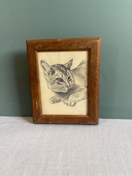 Vintage Framed Cat Drawing from the Studio of Thomas Frey - Collector & Curator