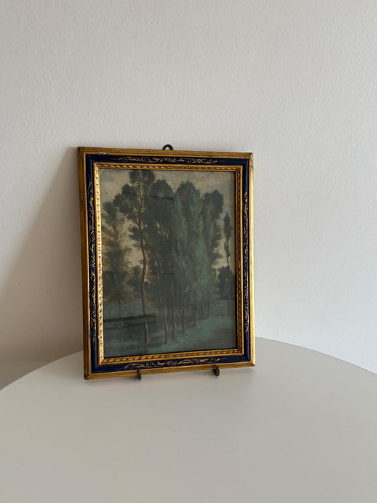 Antique Oil on Paper Woodland Landscape in Blue and Gold Frame