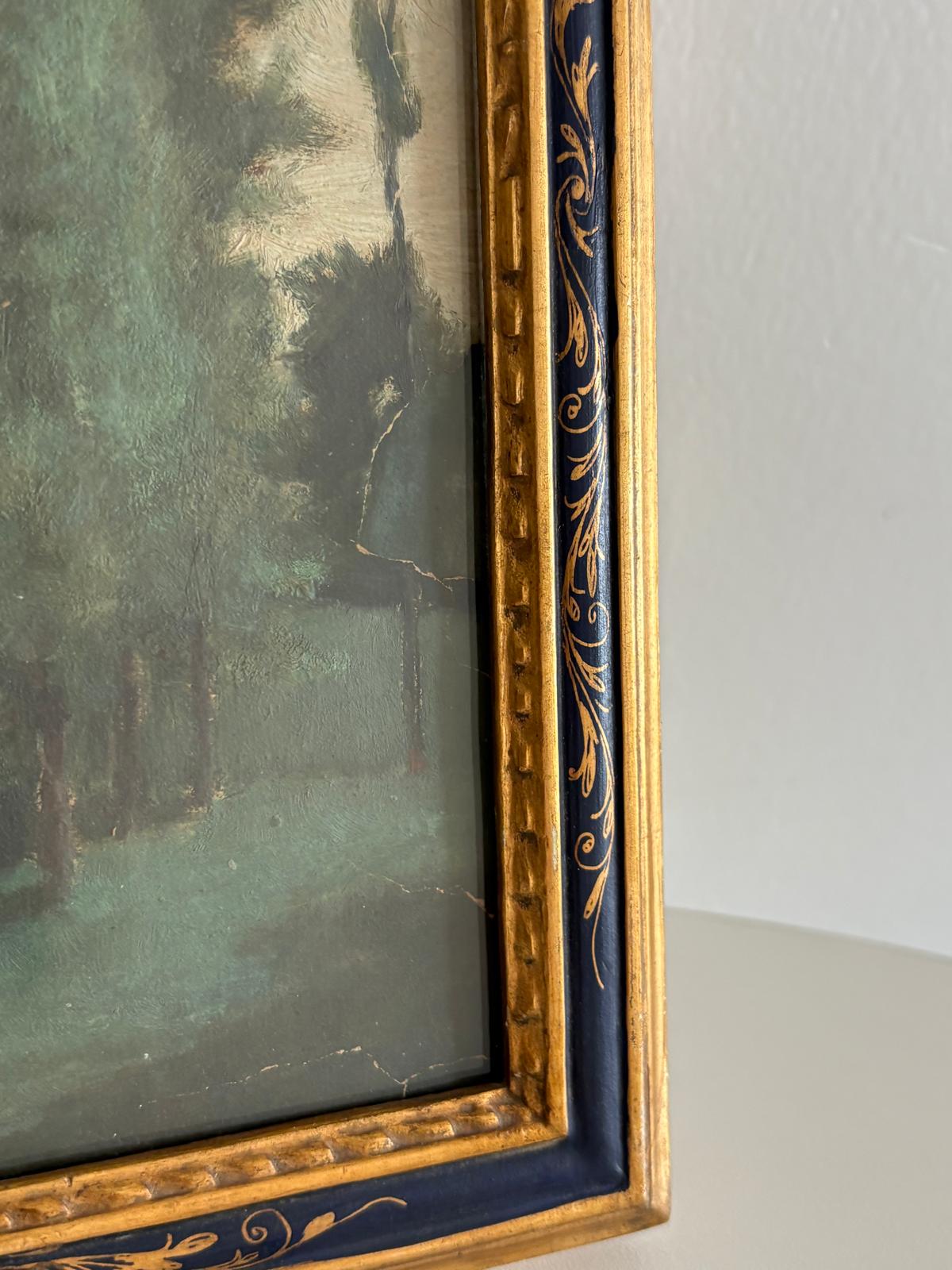 Antique Oil on Paper Woodland Landscape in Blue and Gold Frame