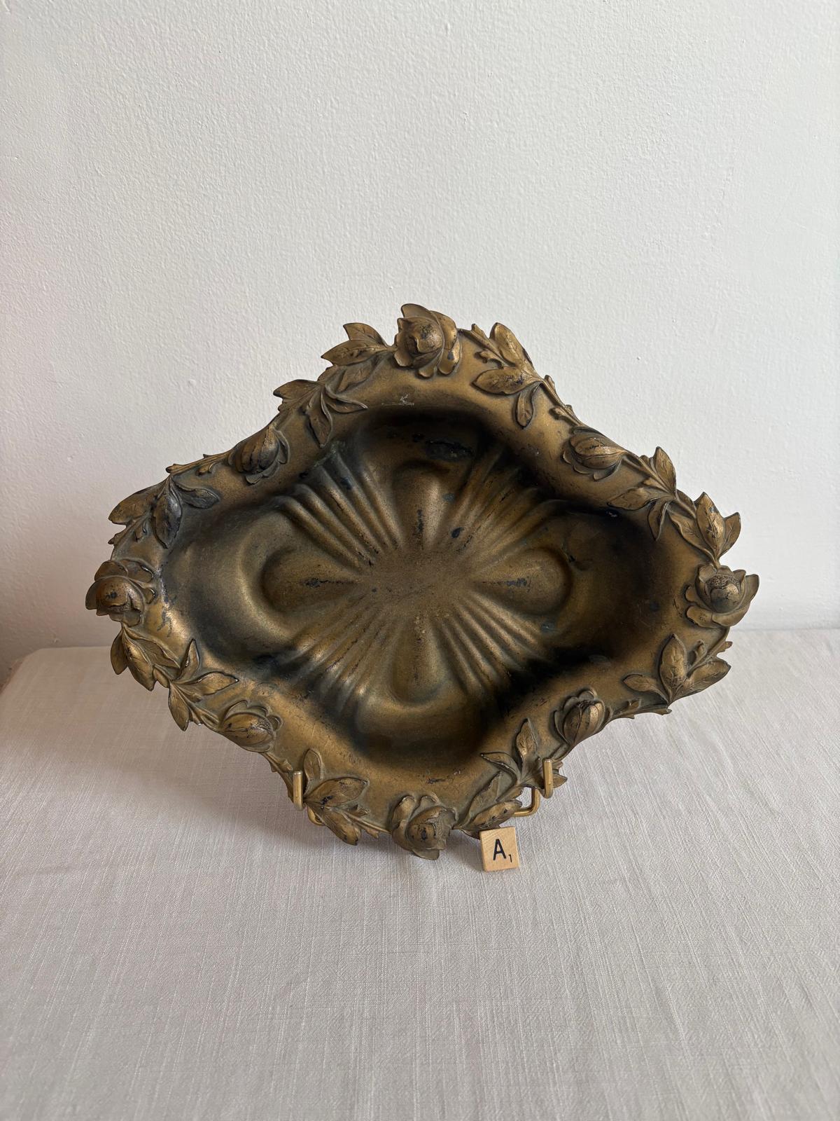 Brass Plated Rose Cast Metal Rose Dish; Vintage Hand Carved Hand Painted Floral Tray on Bun Feet; "Antique Abraham Munting Sassafras Botanical  Engraving Hand Colored Framed Botanical Print