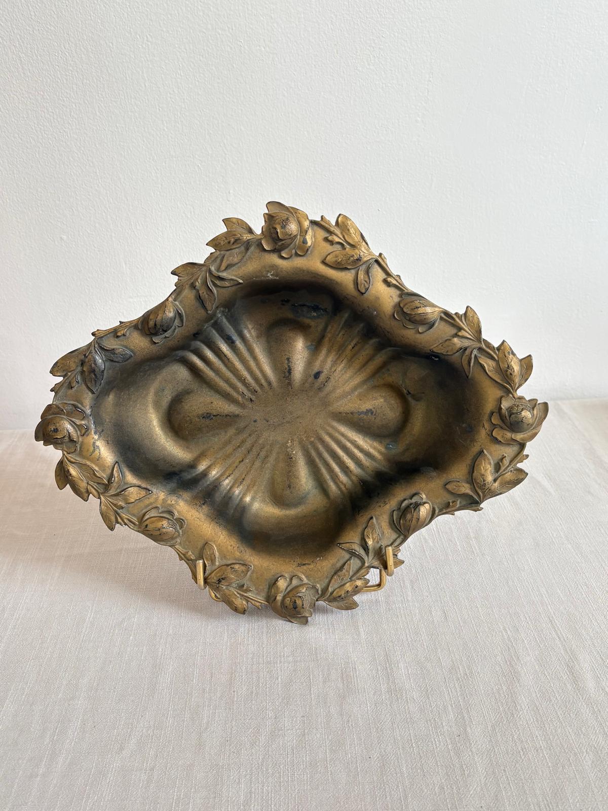 Brass Plated Rose Cast Metal Rose Dish; Vintage Hand Carved Hand Painted Floral Tray on Bun Feet; "Antique Abraham Munting Sassafras Botanical  Engraving Hand Colored Framed Botanical Print