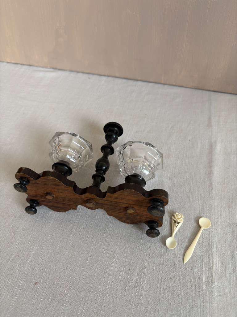 Antique Double Salt Cellar with Glass Bowls, 8 Vintage Ribbed Footed Soda Fountain Glasses, Vintage French Woven Willow Basket Tray