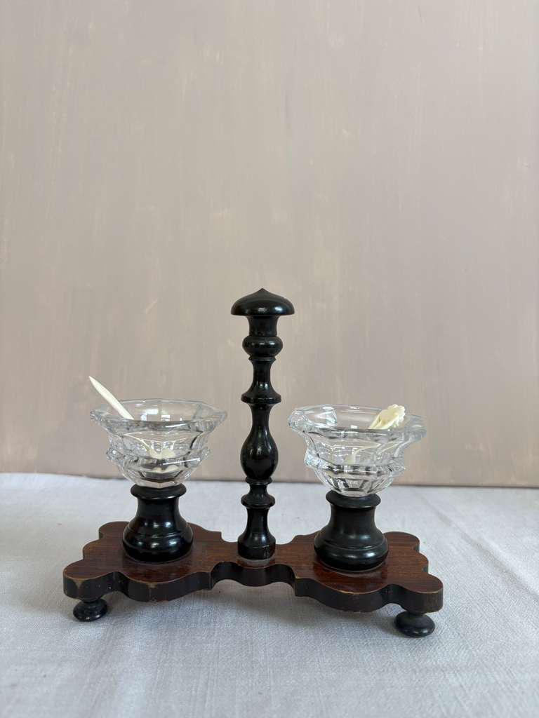 Antique Double Salt Cellar with Glass Bowls, 8 Vintage Ribbed Footed Soda Fountain Glasses, Vintage French Woven Willow Basket Tray