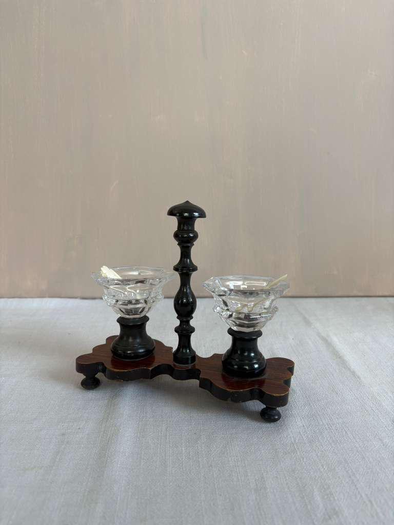 Antique Double Salt Cellar with Glass Bowls, 8 Vintage Ribbed Footed Soda Fountain Glasses, Vintage French Woven Willow Basket Tray