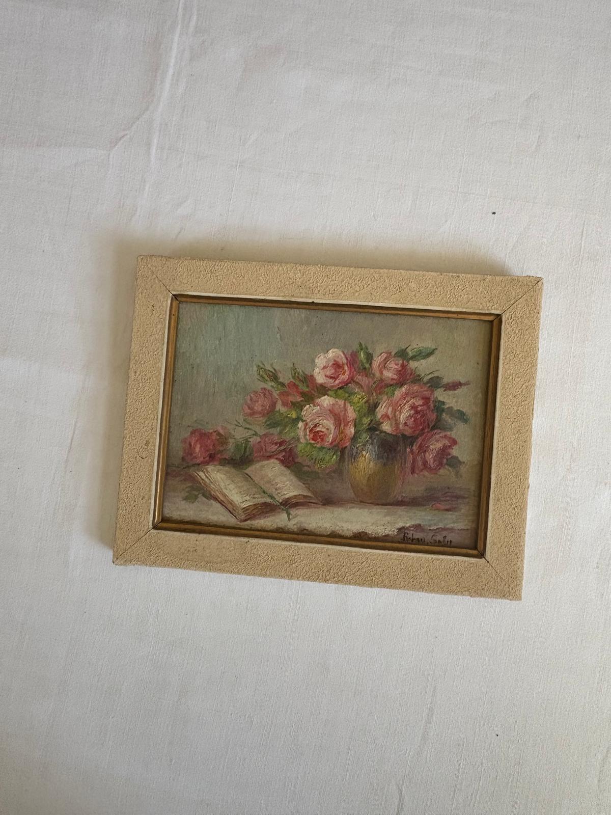 Vintage Framed Floral Still Life Painting with Roses and Book - Collector & Curator
