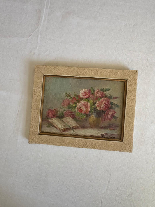 Vintage Framed Floral Still Life Painting with Roses and Book - Collector & Curator