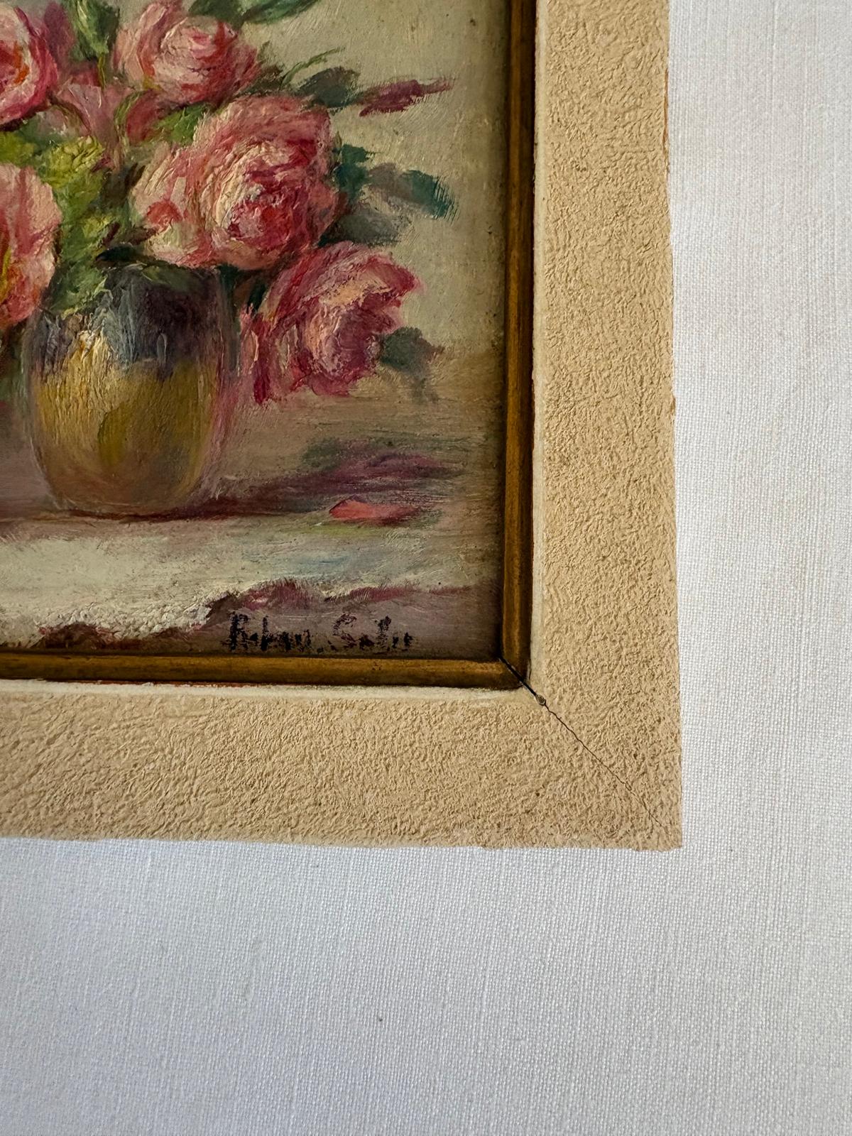Vintage Framed Floral Still Life Painting with Roses and Book - Collector & Curator
