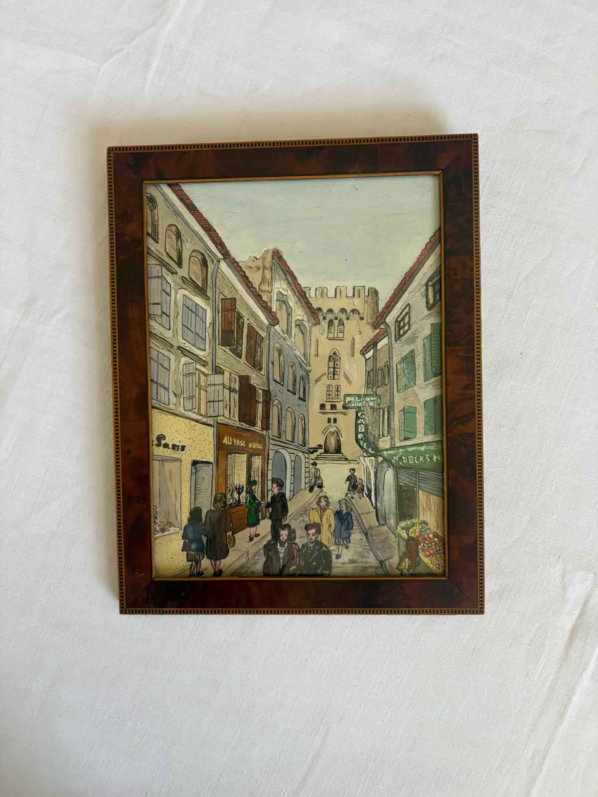 Vintage French Street Scene framed in wood frame - Collector & Curator