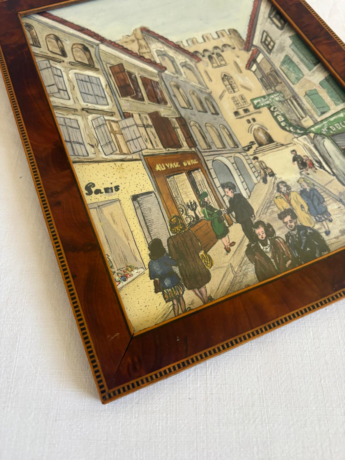 Vintage French Street Scene framed in wood frame - Collector & Curator