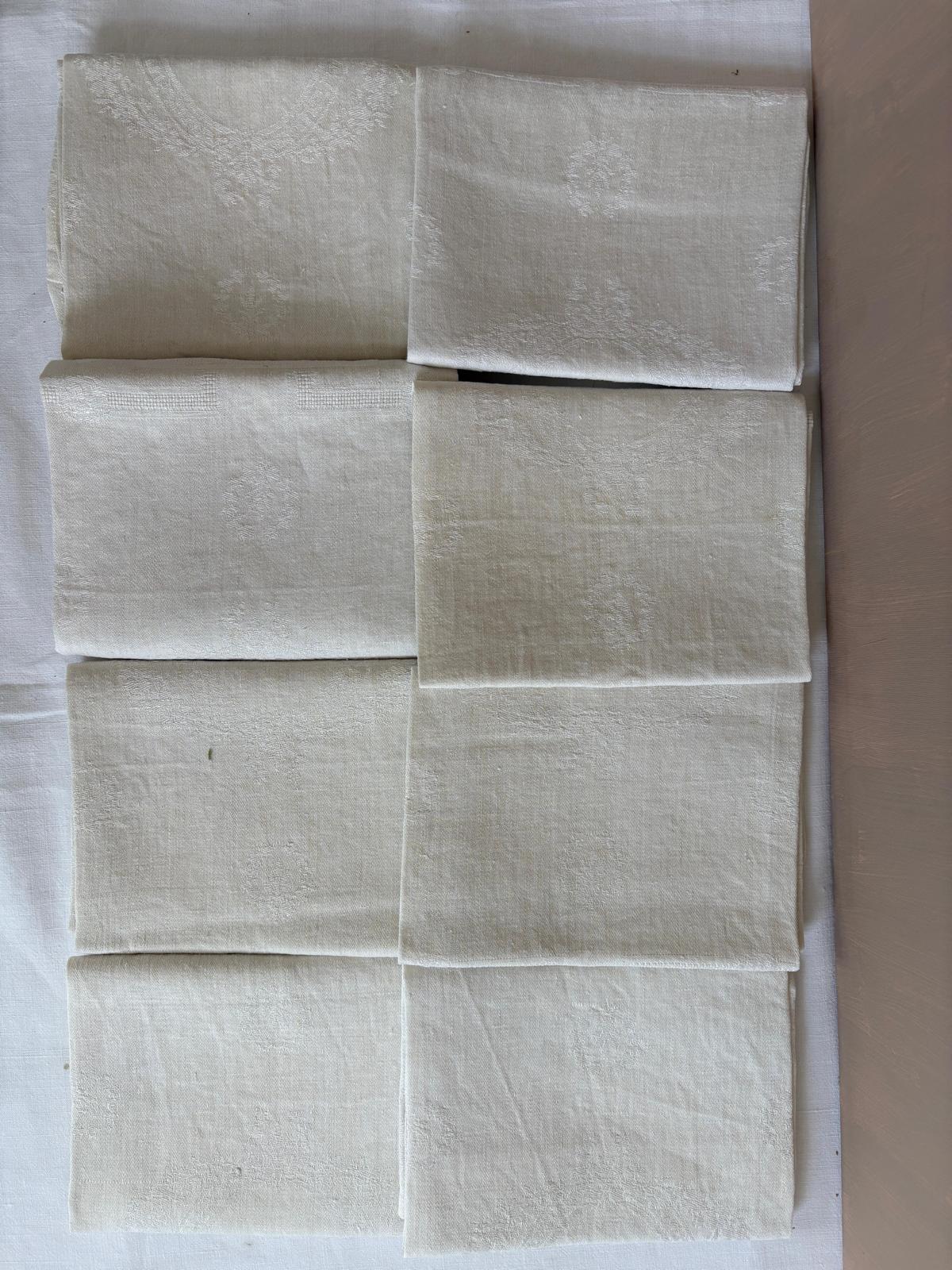 Set of 8 Antique French Linen Damask Napkins - Collector & Curator