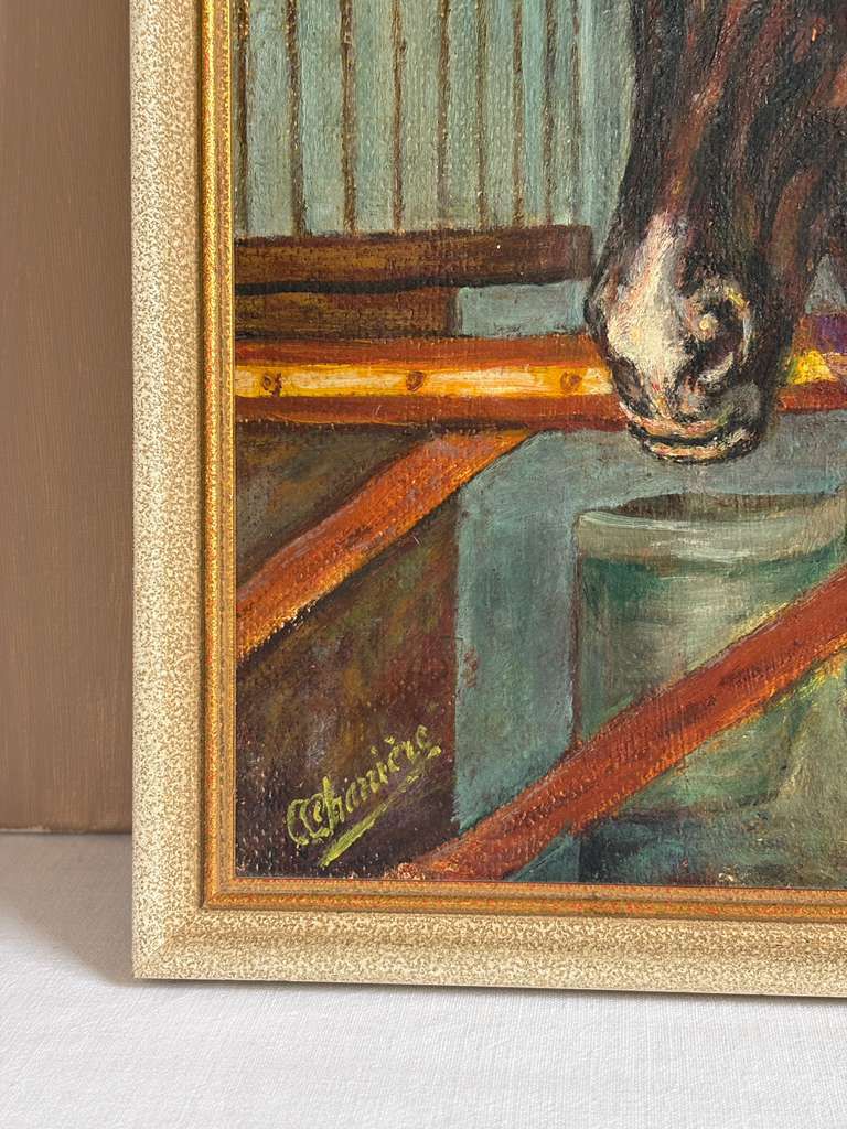 Vintage French Signed Equestrian Horse Portrait Oil on Board
