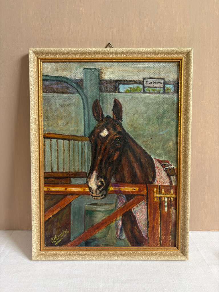 Vintage French Signed Equestrian Horse Portrait Oil on Board