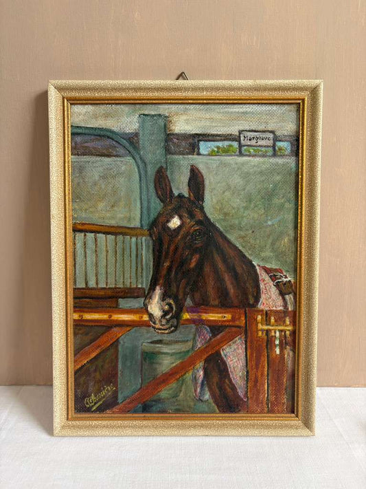 Vintage French Signed Equestrian Horse Portrait Oil on Board