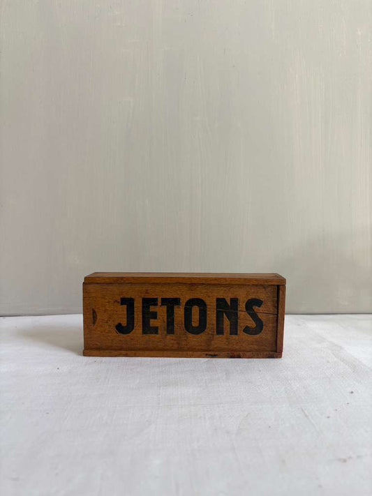 Vintage French Wooden “JETONS” Game Token Box with Counters - Collector & Curator