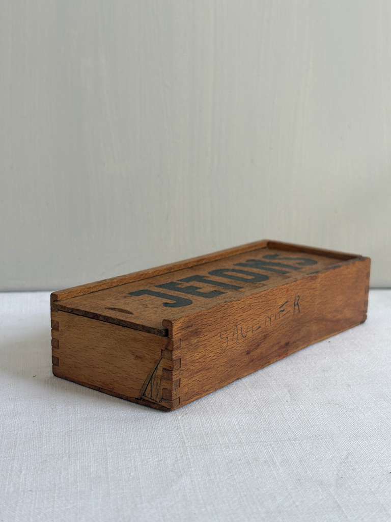Vintage French Wooden “JETONS” Game Token Box with Counters