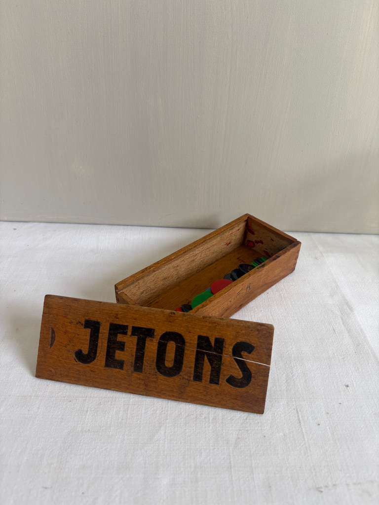 Vintage French Wooden “JETONS” Game Token Box with Counters