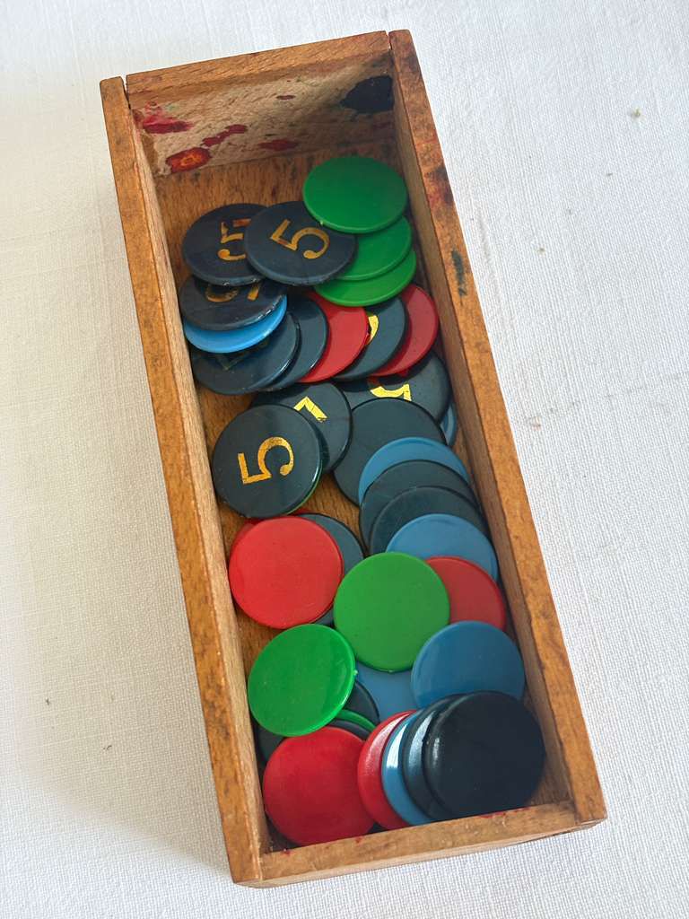 Vintage French Wooden “JETONS” Game Token Box with Counters