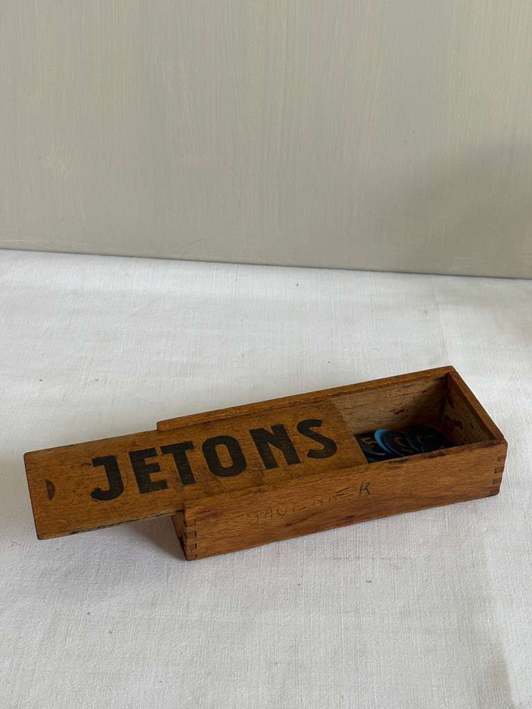Vintage French Wooden “JETONS” Game Token Box with Counters