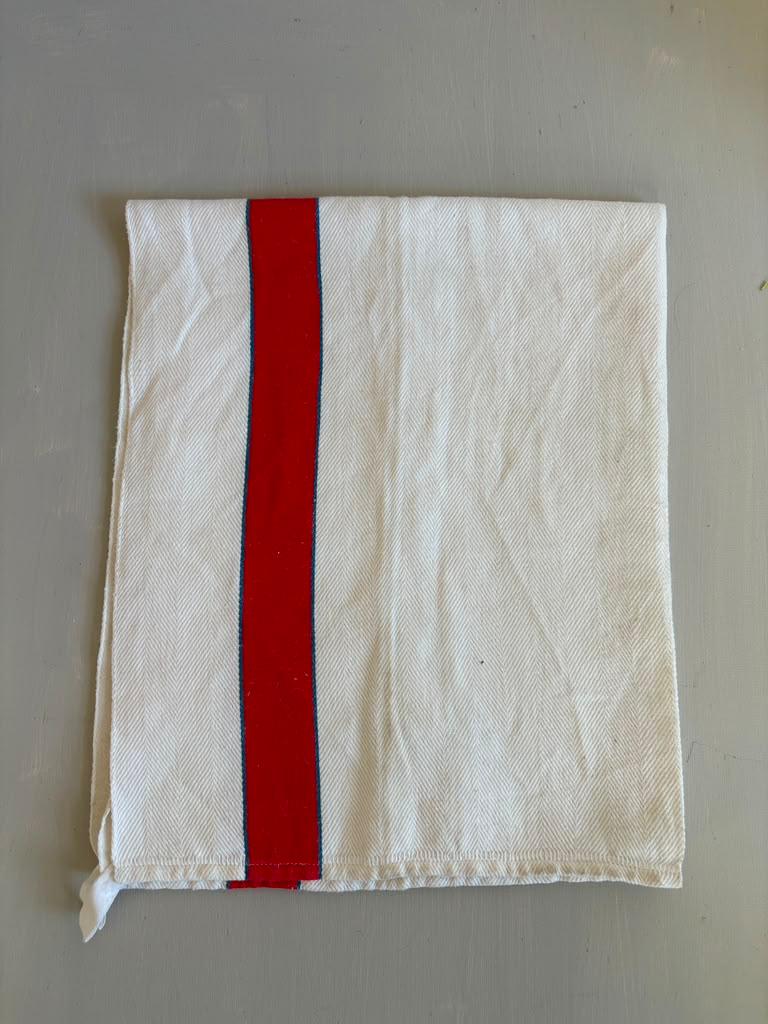 Vintage French Cotton Torchon,  Red & Blue Stripe Tea Towel