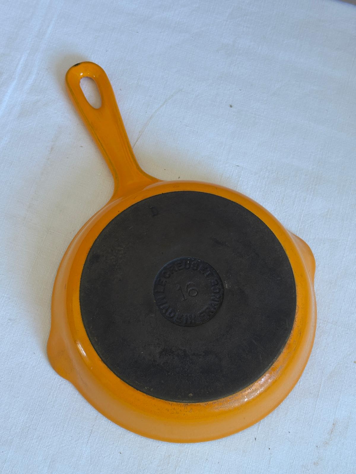 Vintage Le Creuset No. 16 Cast Iron Skillet,  Orange Flame Enamel Pan, Made in France - Collector & Curator