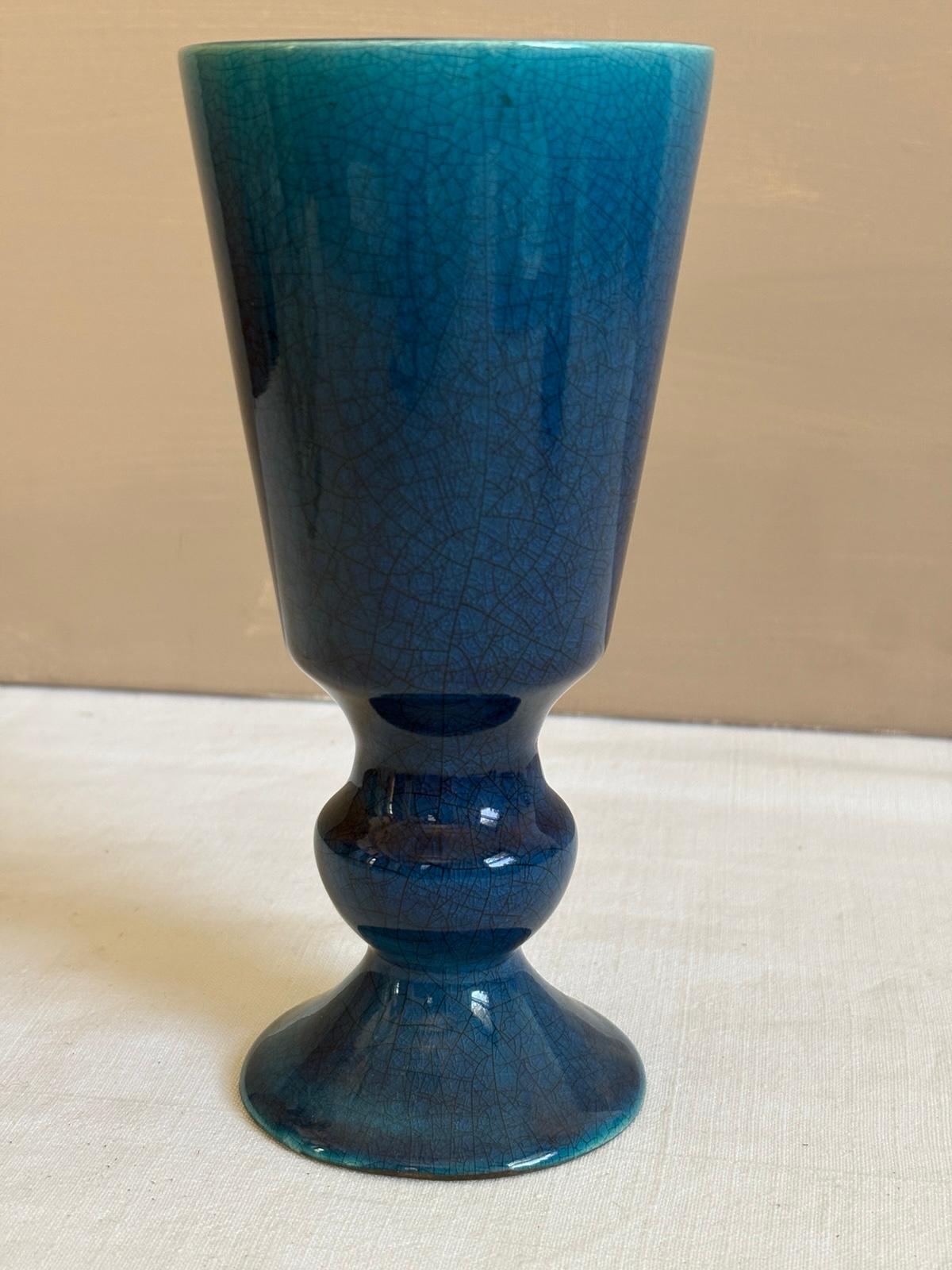 Vintage Blue Crackle Glaze  Ceramic Goblet Vase - Collector & Curator