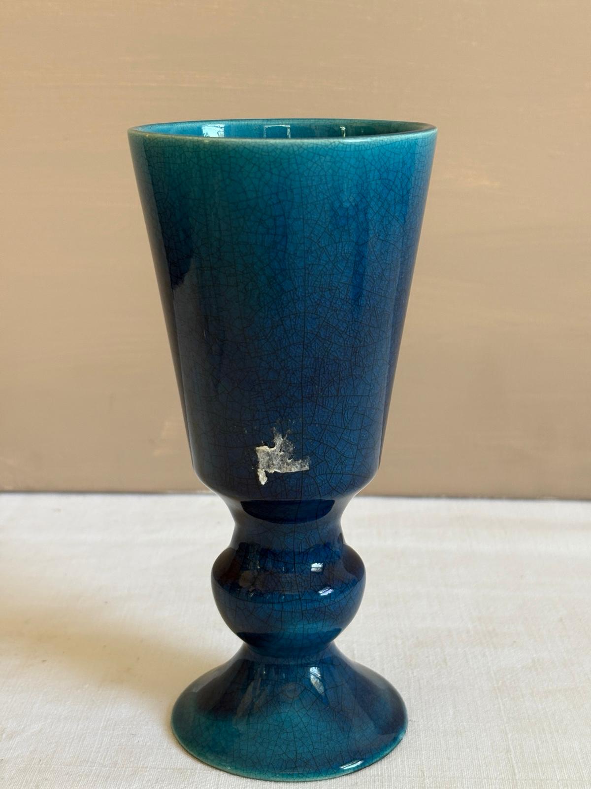 Vintage Blue Crackle Glaze  Ceramic Goblet Vase - Collector & Curator