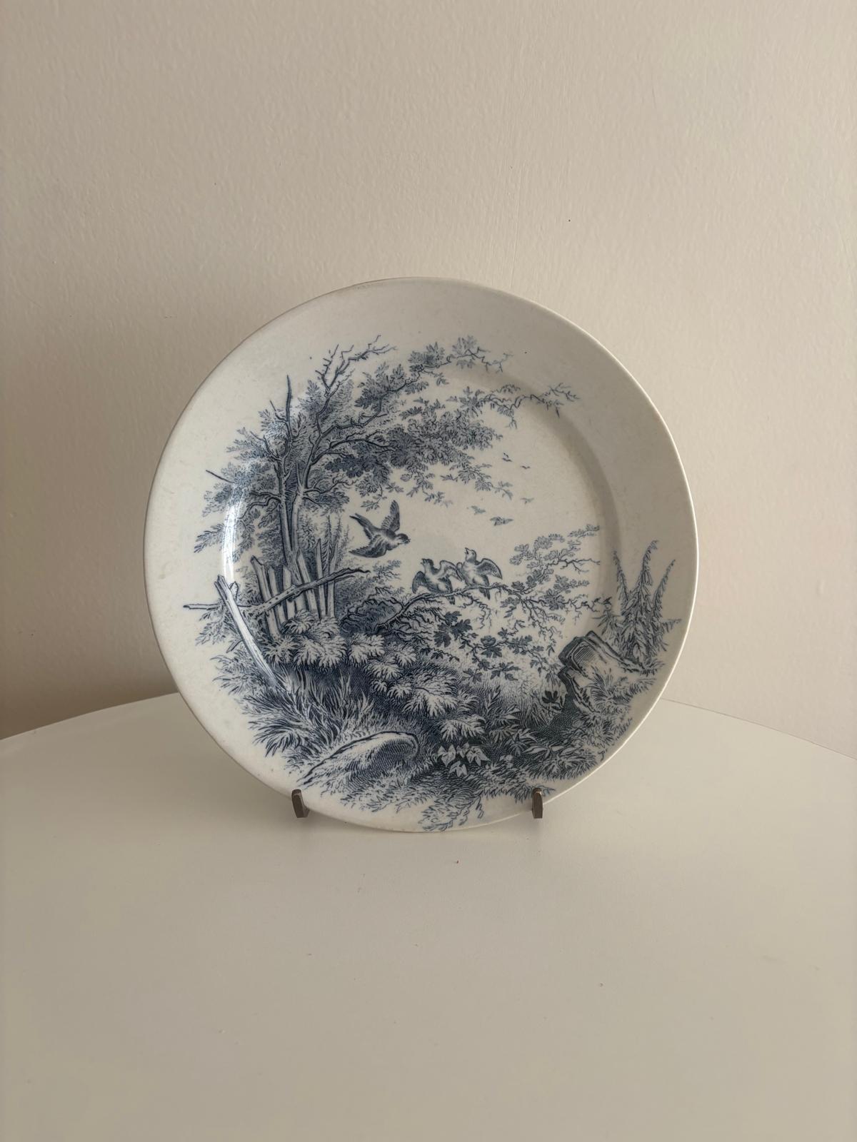 Antique Sarreguemines “Sylva”  Plate Blue Transferware  Sparrow Hatchlings  Fence "C"