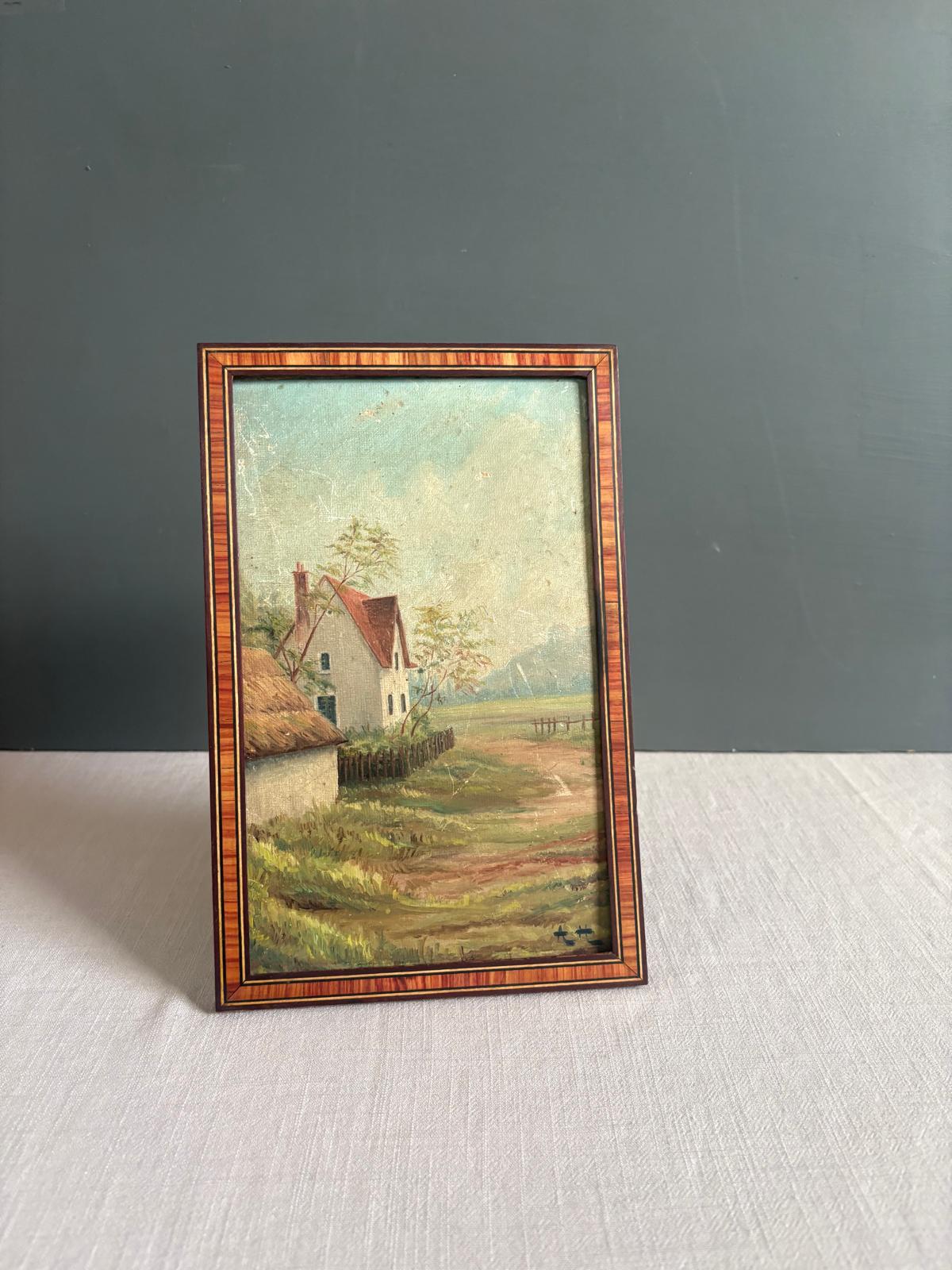Small Vintage Landscape Oil Painting, French Cottage Country Scene