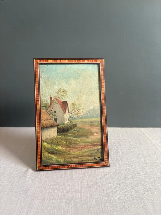 Small Vintage Landscape Oil Painting, French Cottage Country Scene - Collector & Curator