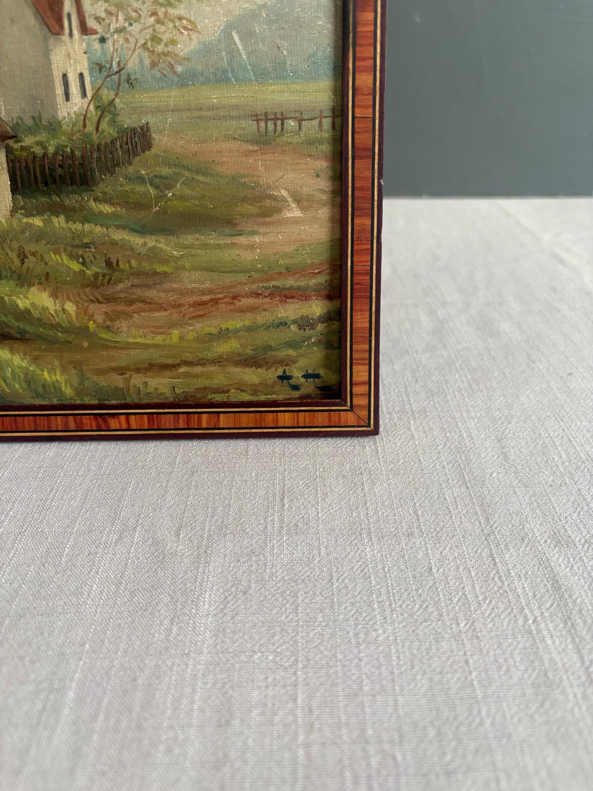 Small Vintage Landscape Oil Painting, French Cottage Country Scene