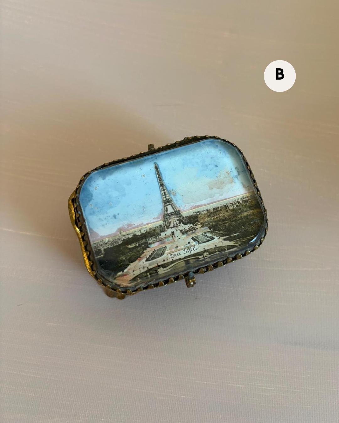 French Souvenir Jewelry Casket with Églomisé Eiffel,  Collector's Box with 5 Coral Fragments & 5 Shells , and Three Shell Sculpture