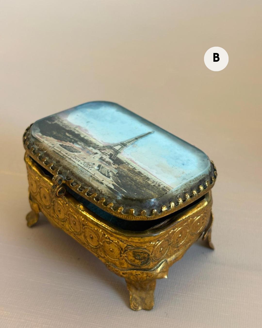 French Souvenir Jewelry Casket with Églomisé Eiffel,  Collector's Box with 5 Coral Fragments & 5 Shells , and Three Shell Sculpture