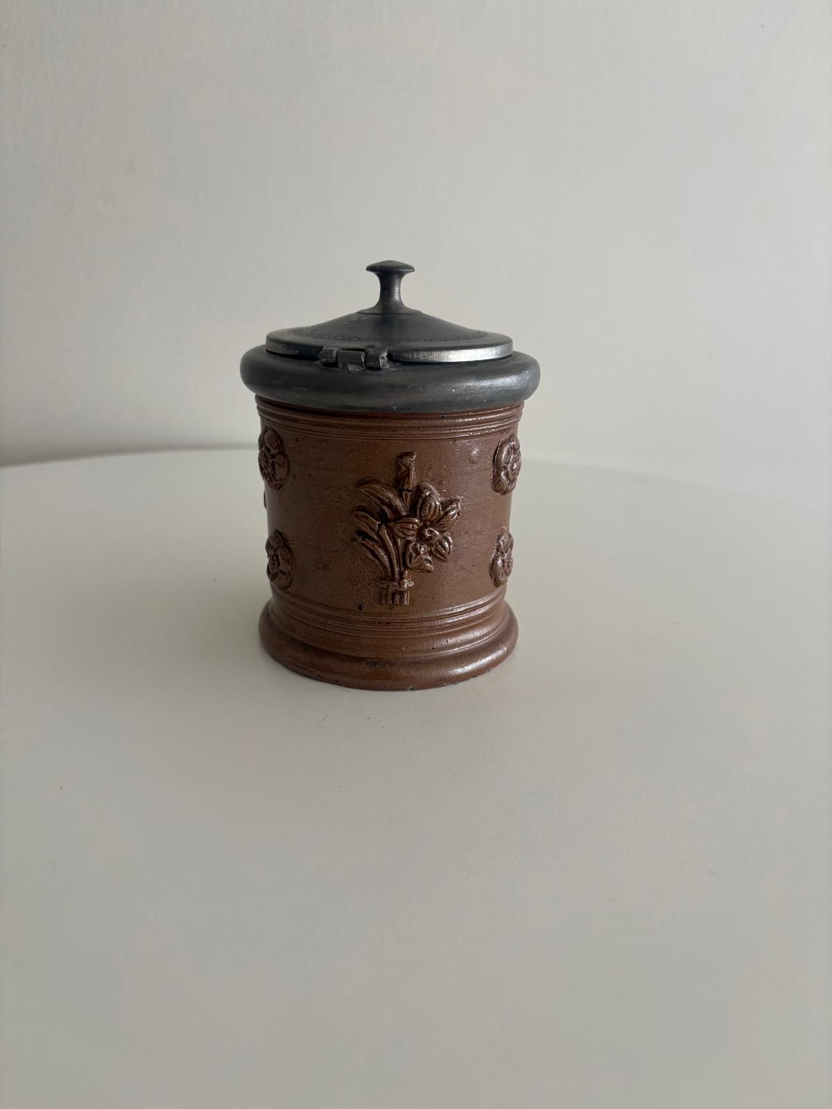 Antique Stoneware Tobacco Jar with Pewter Lid - Collector & Curator