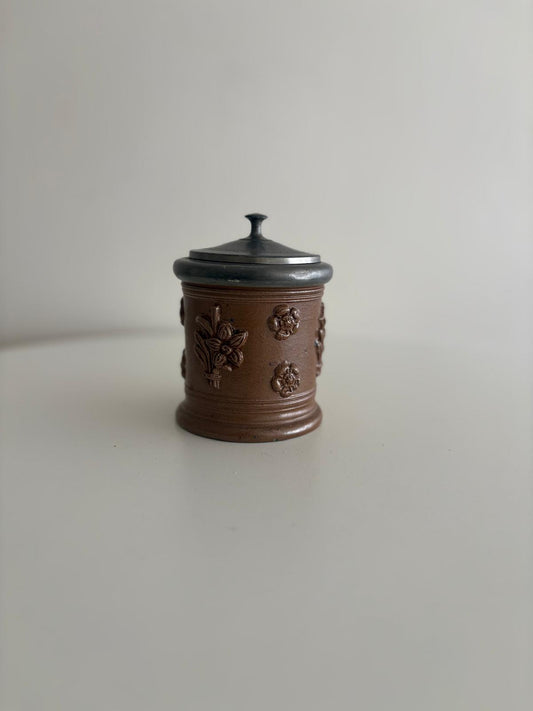 Antique Stoneware Tobacco Jar with Pewter Lid - Collector & Curator