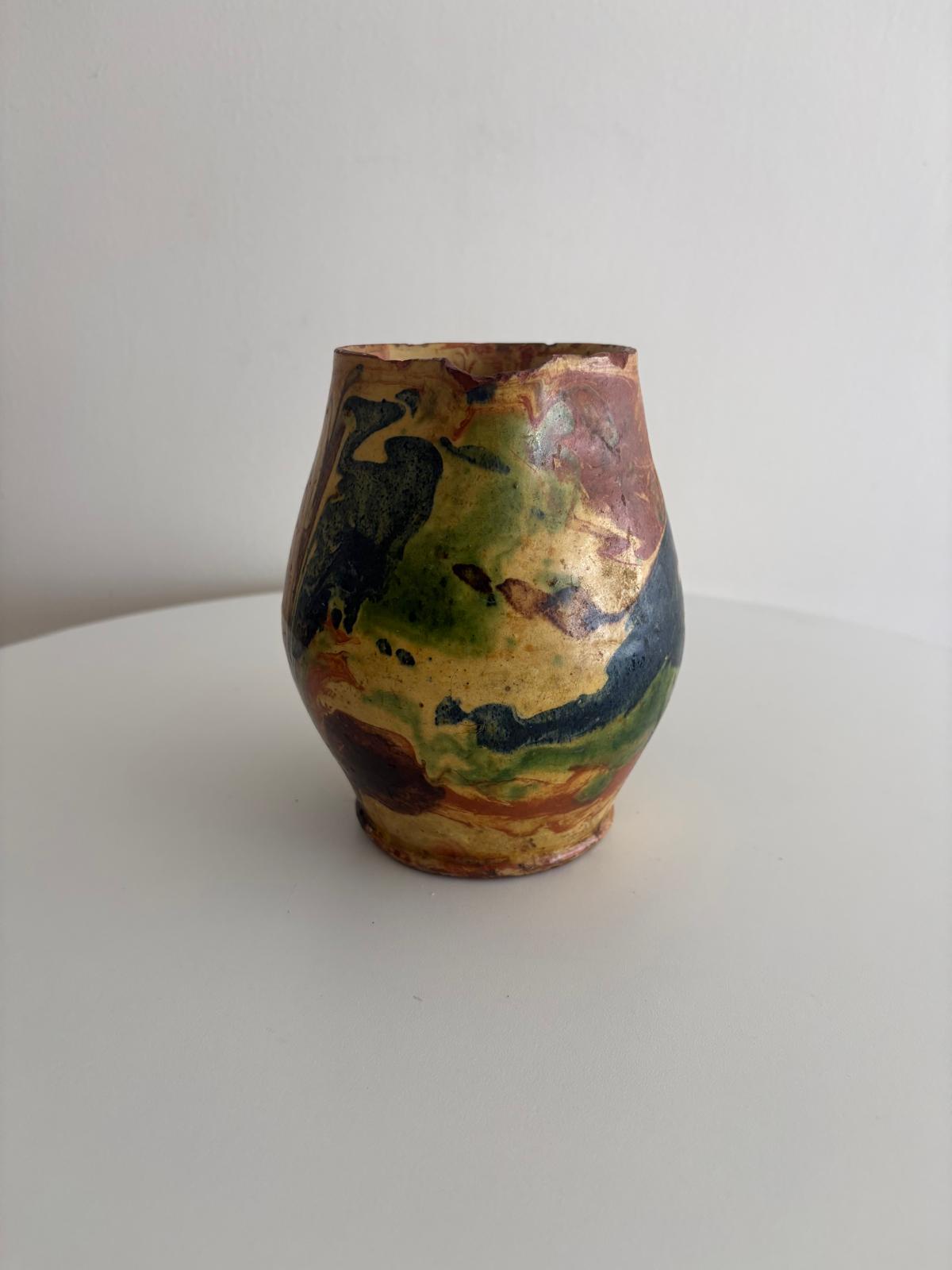 French Marbled Glazed Terracotta Pitcher, Savoyard Terre Vernissée, Attributed Fauquet - Collector & Curator